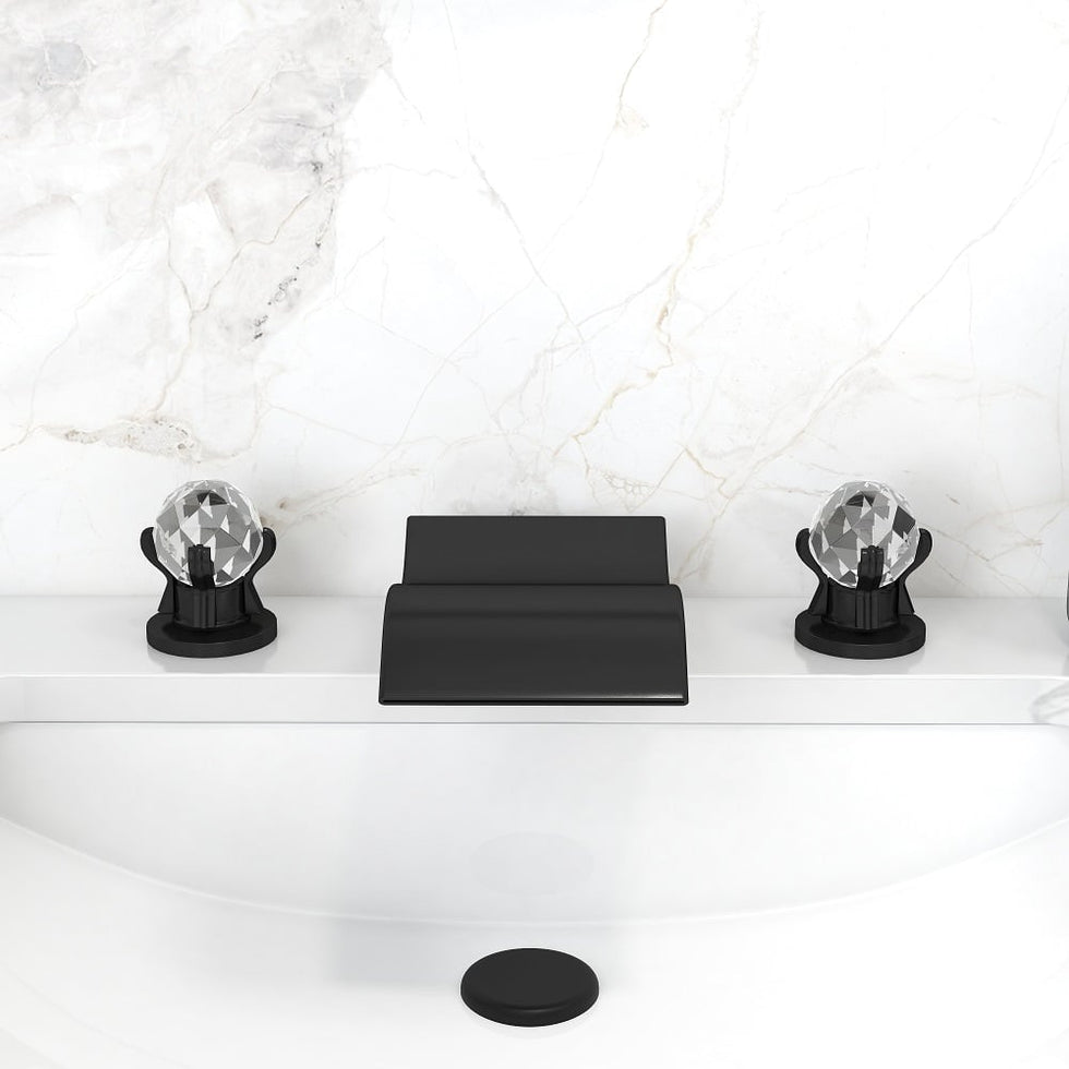 HMR - Deck Mount Widespread Waterfall 2 Crystal Handle Bathroom Sink Faucet