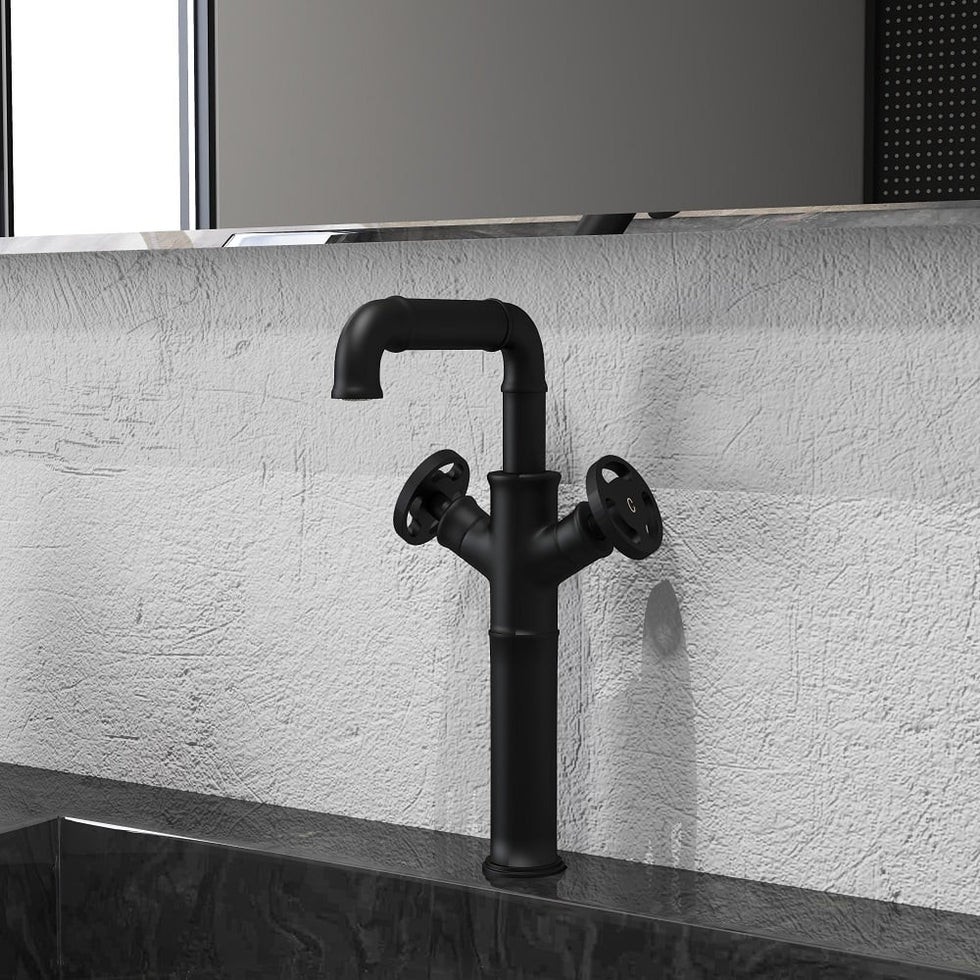 HMR - Industrial Style Bathroom Vessel Sink Faucet with 2-Handle Solid Brass in Matte Black