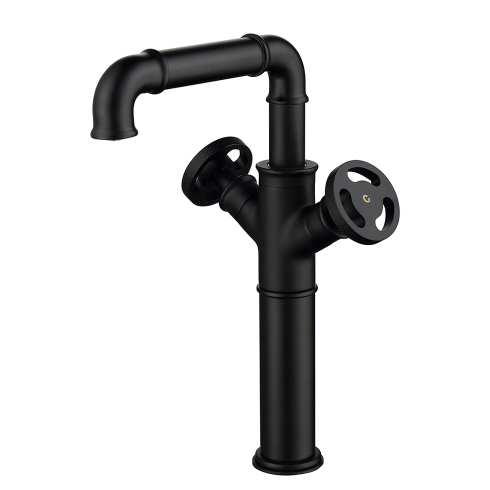 HMR - Industrial Style Bathroom Vessel Sink Faucet with 2-Handle Solid Brass in Matte Black