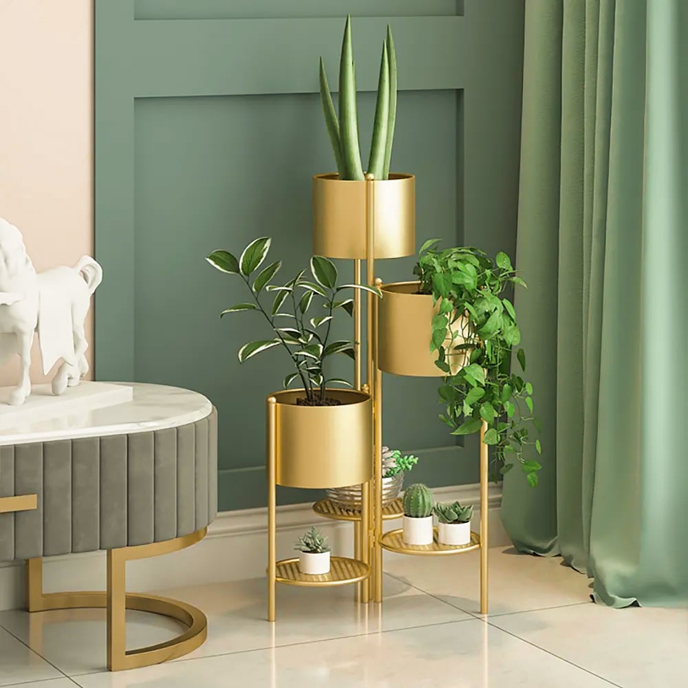 HMR - 31.4" Tall Metal Indoor Modern 3 Tier Corner Planter in Gold