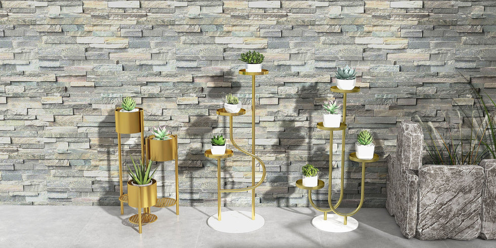 HMR - 31.4" Tall Metal Indoor Modern 3 Tier Corner Planter in Gold