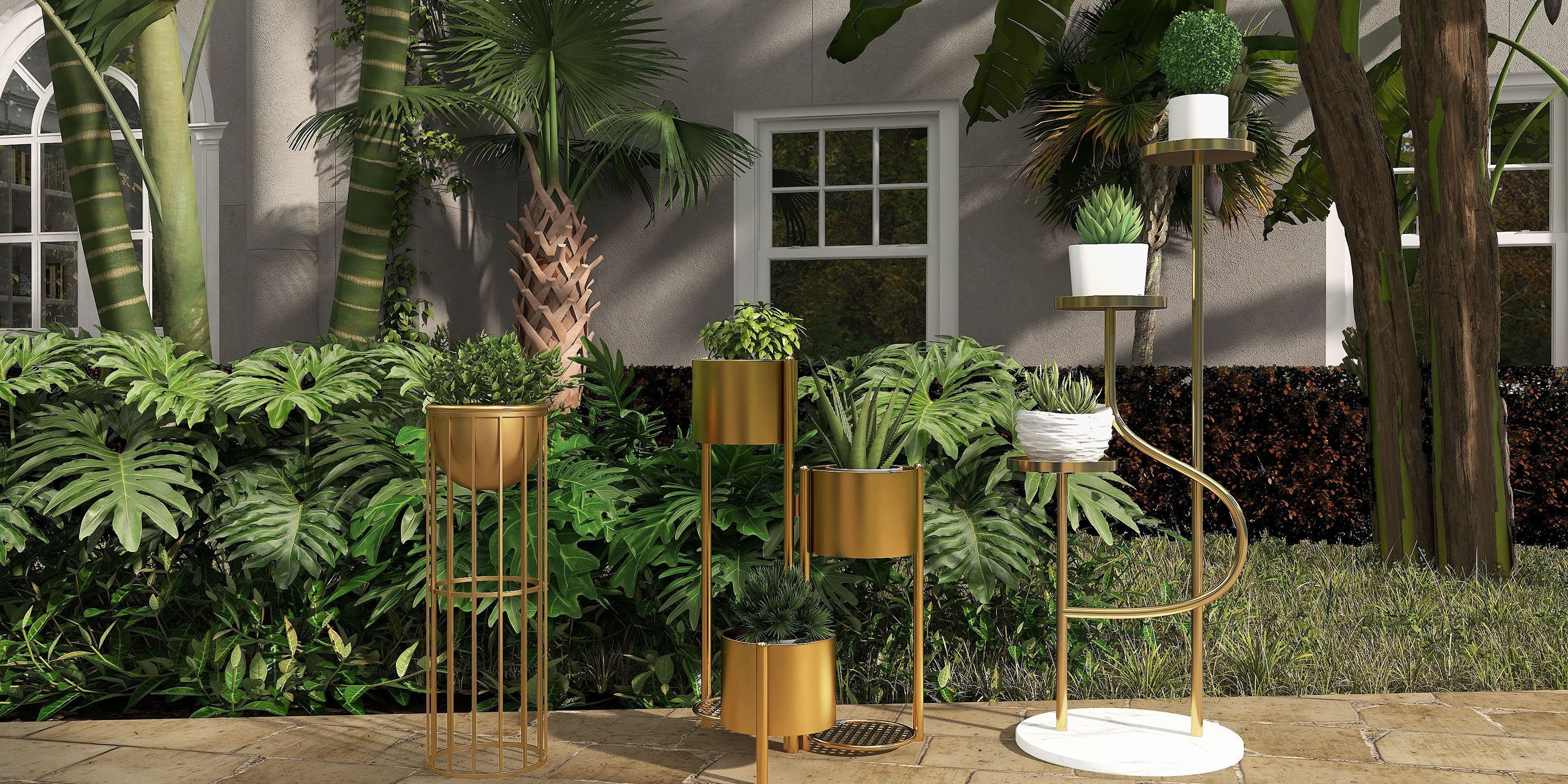 HMR - 31.4" Tall Metal Indoor Modern 3 Tier Corner Planter in Gold