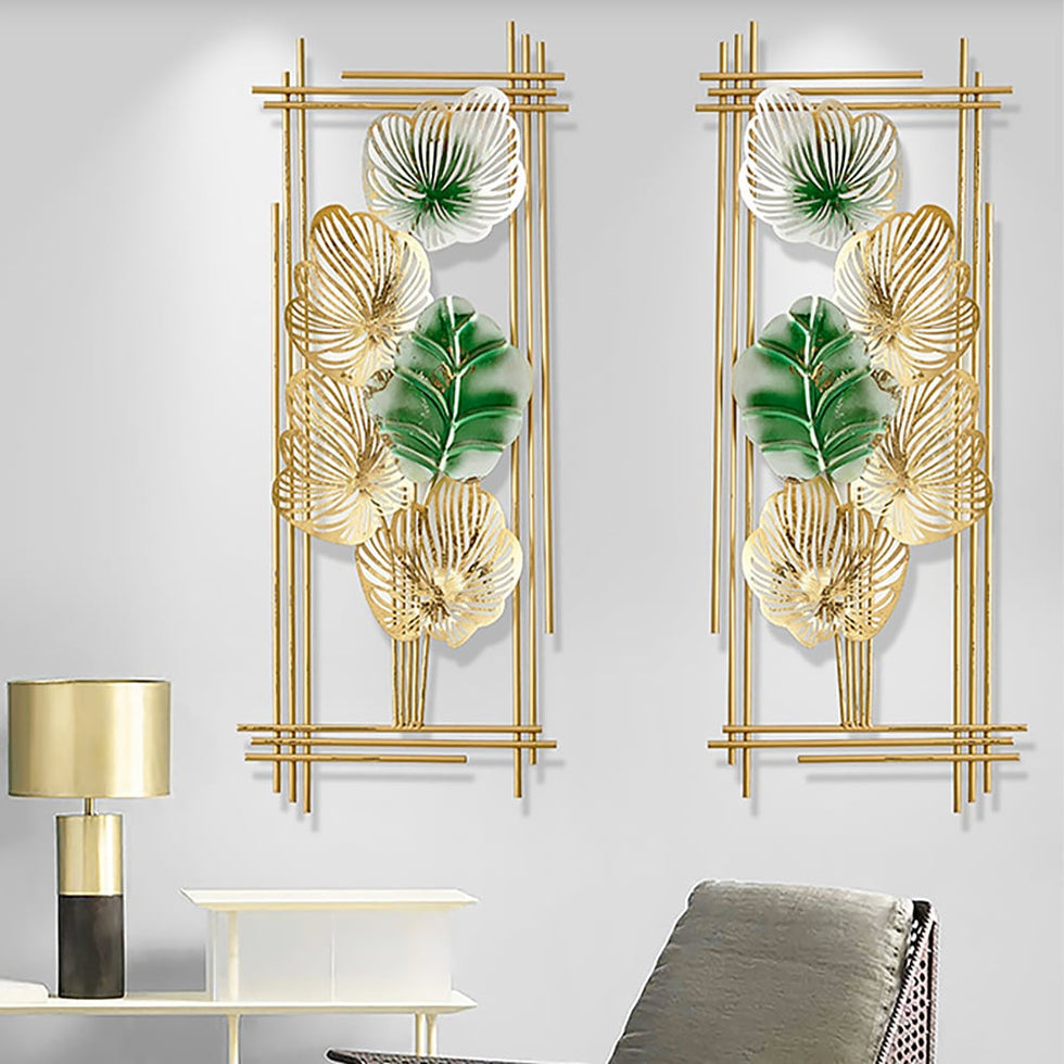 HMR - 2 Pieces Metal Leaf Framed Wall Decor in Gold and Green