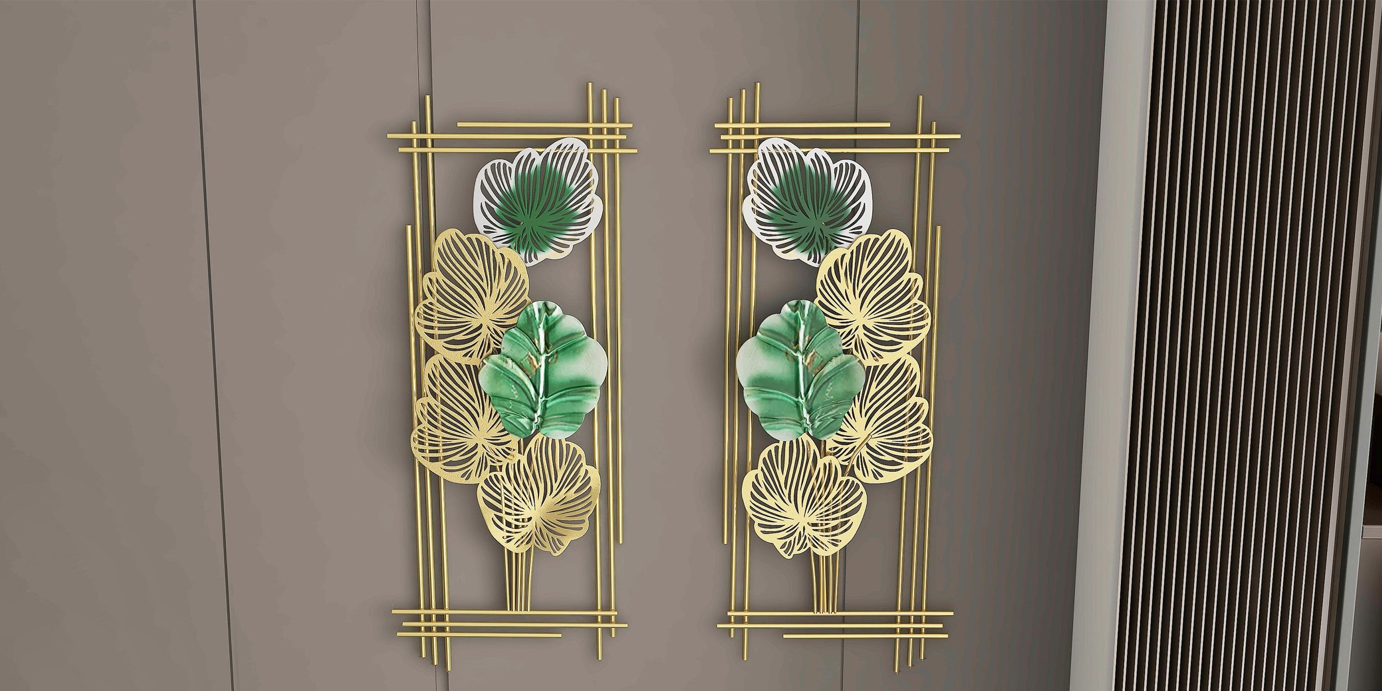 HMR - 2 Pieces Metal Leaf Framed Wall Decor in Gold and Green