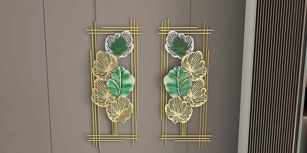 HMR - 2 Pieces Metal Leaf Framed Wall Decor in Gold and Green