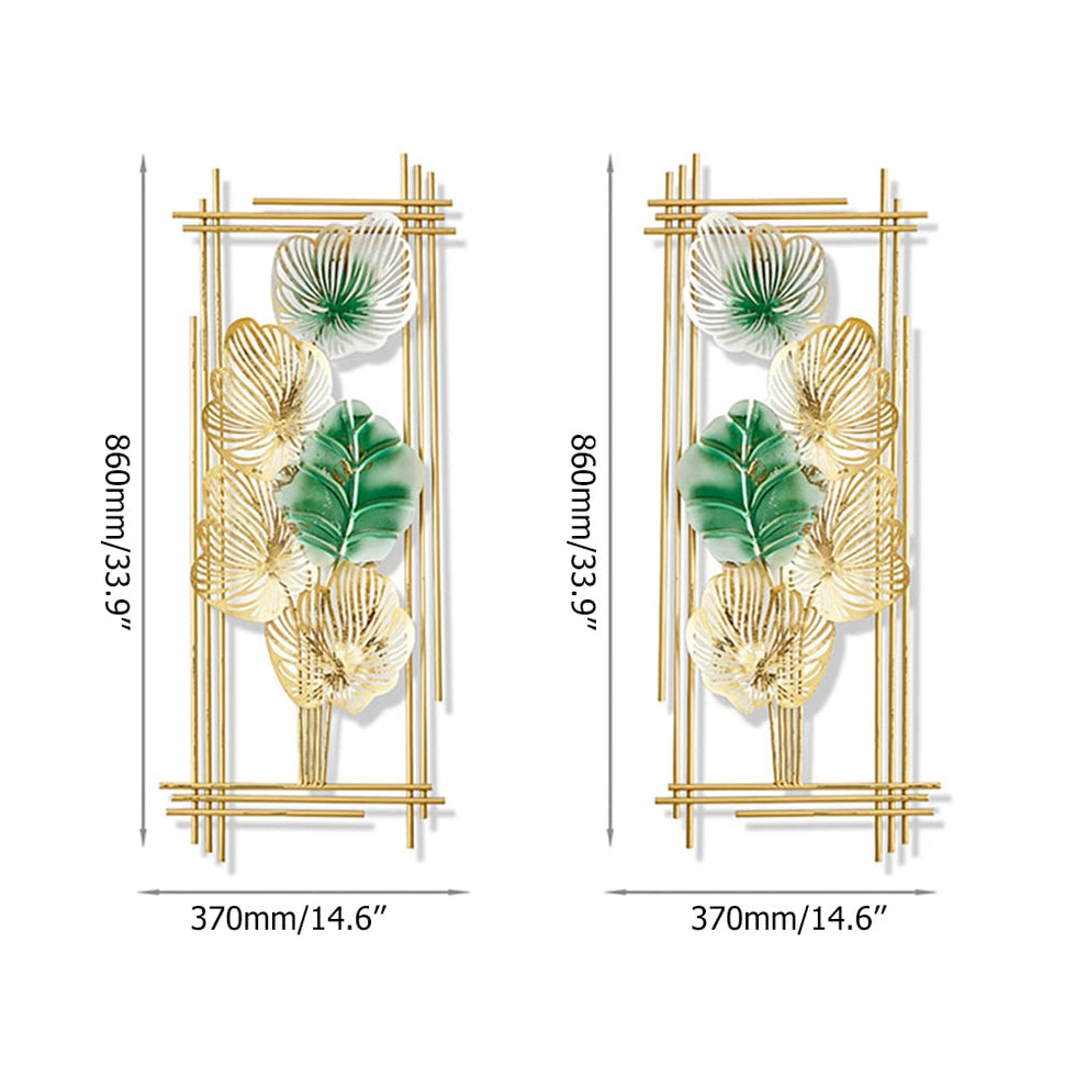 HMR - 2 Pieces Metal Leaf Framed Wall Decor in Gold and Green