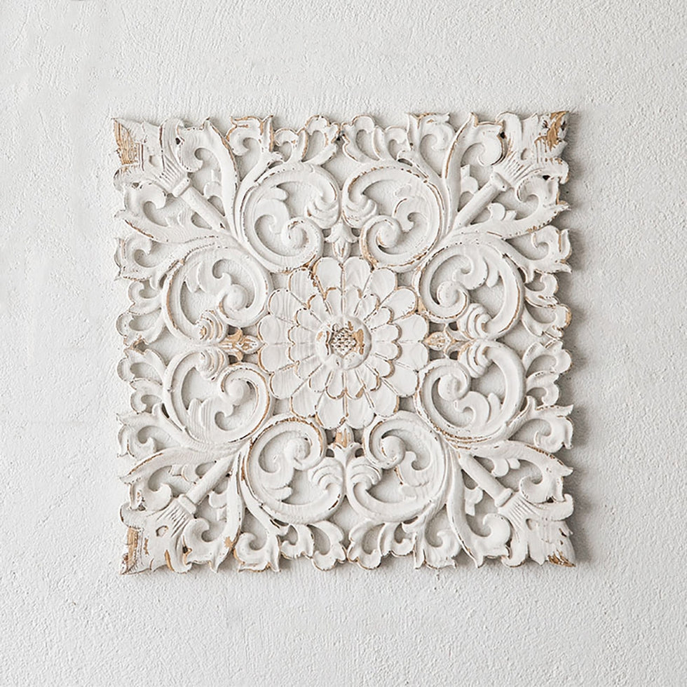 HMR - Square Wood Wall Distressed Carved Flower in White