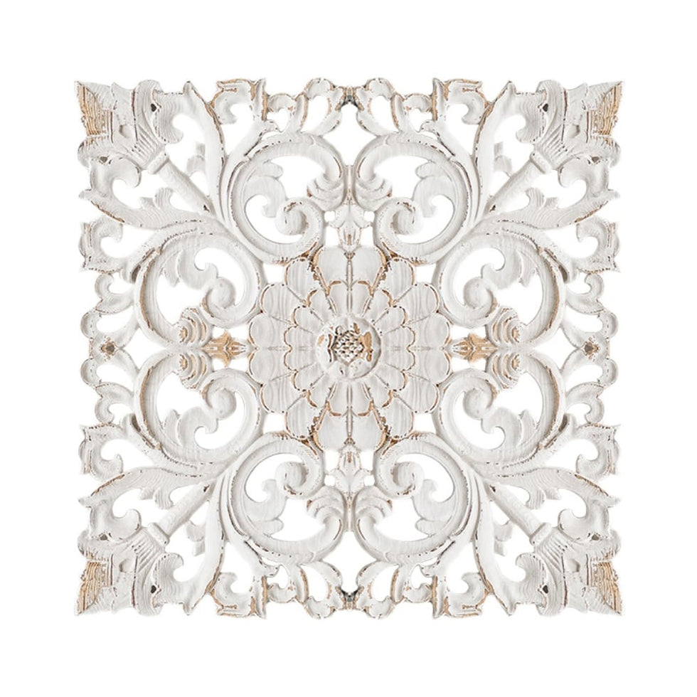 HMR - Square Wood Wall Distressed Carved Flower in White