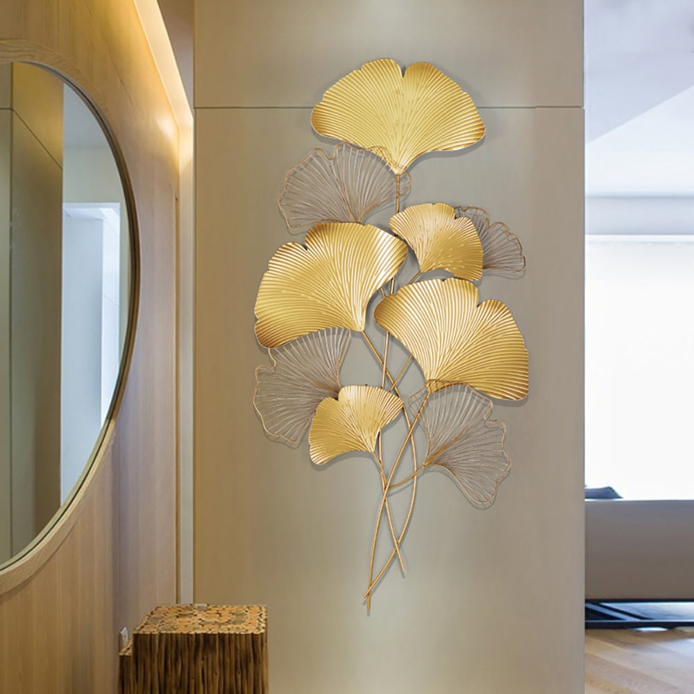 HMR - Modern Metal Ginkgo Leaves Wall Decor For Living Room Home Hanging Art in Gold