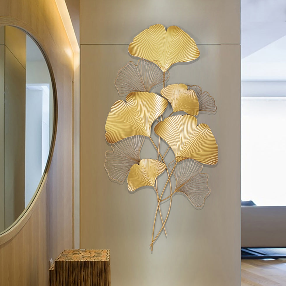 HMR - Modern Metal Ginkgo Leaves Wall Decor For Living Room Home Hanging Art in Gold