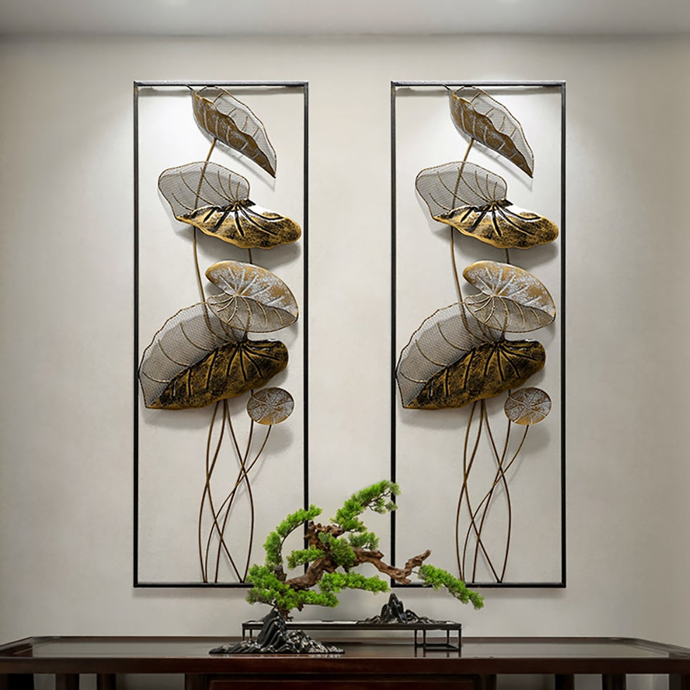 HMR - 2 Pieces Metal Lotus Leaves Wall Decor with Rectangle Frame in Black