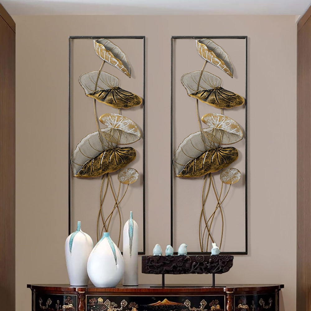 HMR - 2 Pieces Metal Lotus Leaves Wall Decor with Rectangle Frame in Black