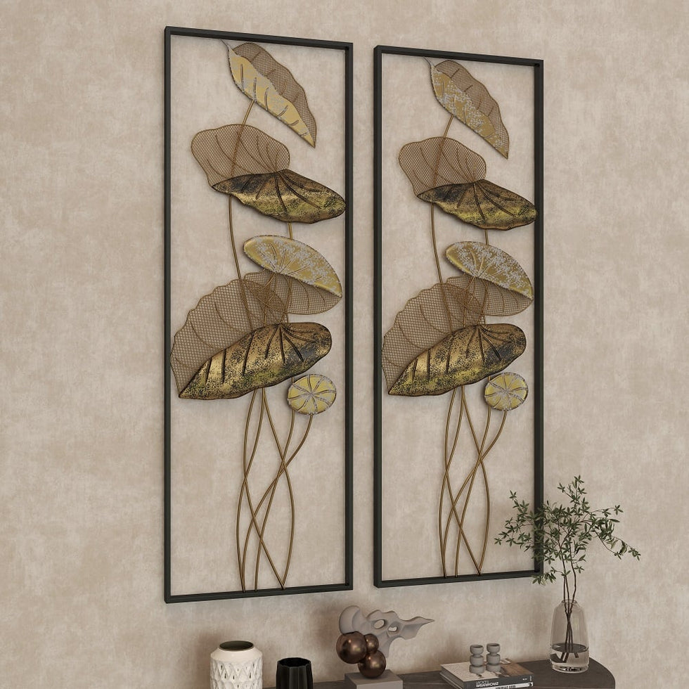 HMR - 2 Pieces Metal Lotus Leaves Wall Decor with Rectangle Frame in Black