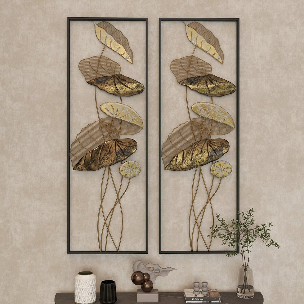 HMR - 2 Pieces Metal Lotus Leaves Wall Decor with Rectangle Frame in Black