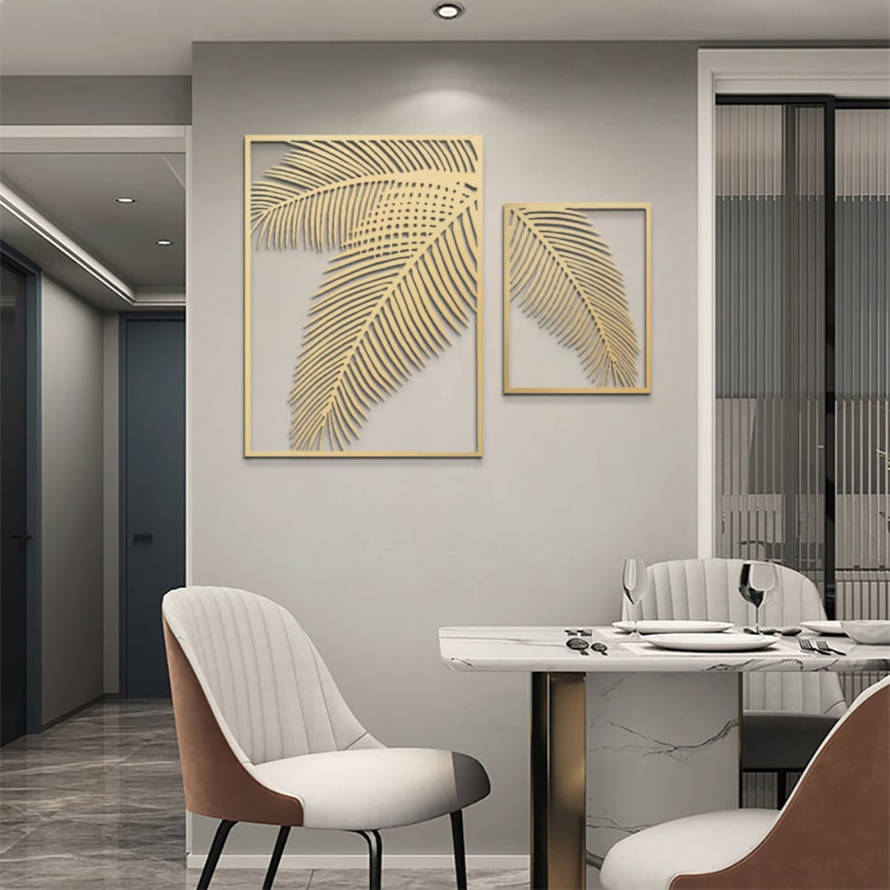 HMR - 2 Pieces Metal Wall Decor Rectangular Palm Leaf in Gold