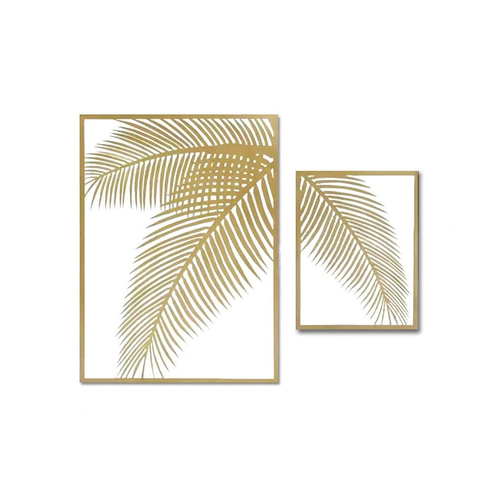HMR - 2 Pieces Metal Wall Decor Rectangular Palm Leaf in Gold