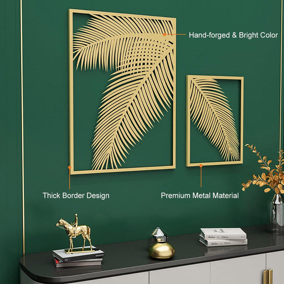 HMR - 2 Pieces Metal Wall Decor Rectangular Palm Leaf in Gold