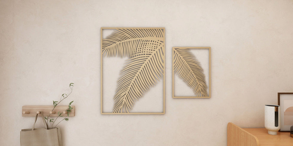 HMR - 2 Pieces Metal Wall Decor Rectangular Palm Leaf in Gold