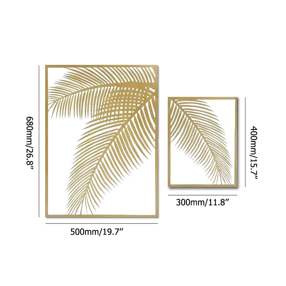 HMR - 2 Pieces Metal Wall Decor Rectangular Palm Leaf in Gold