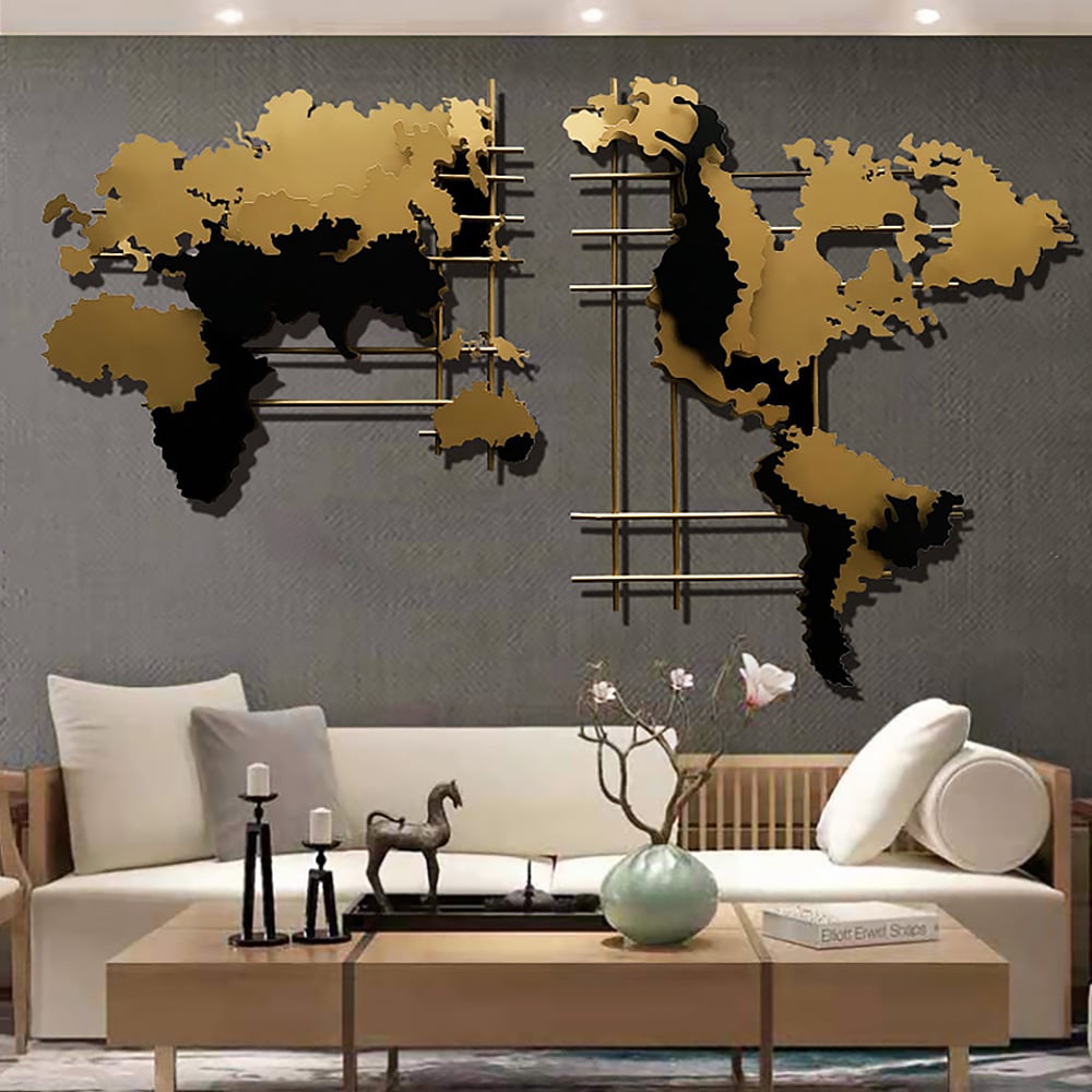 HMR - 3D Metal World Map Home Decor Art in Black and Yellow