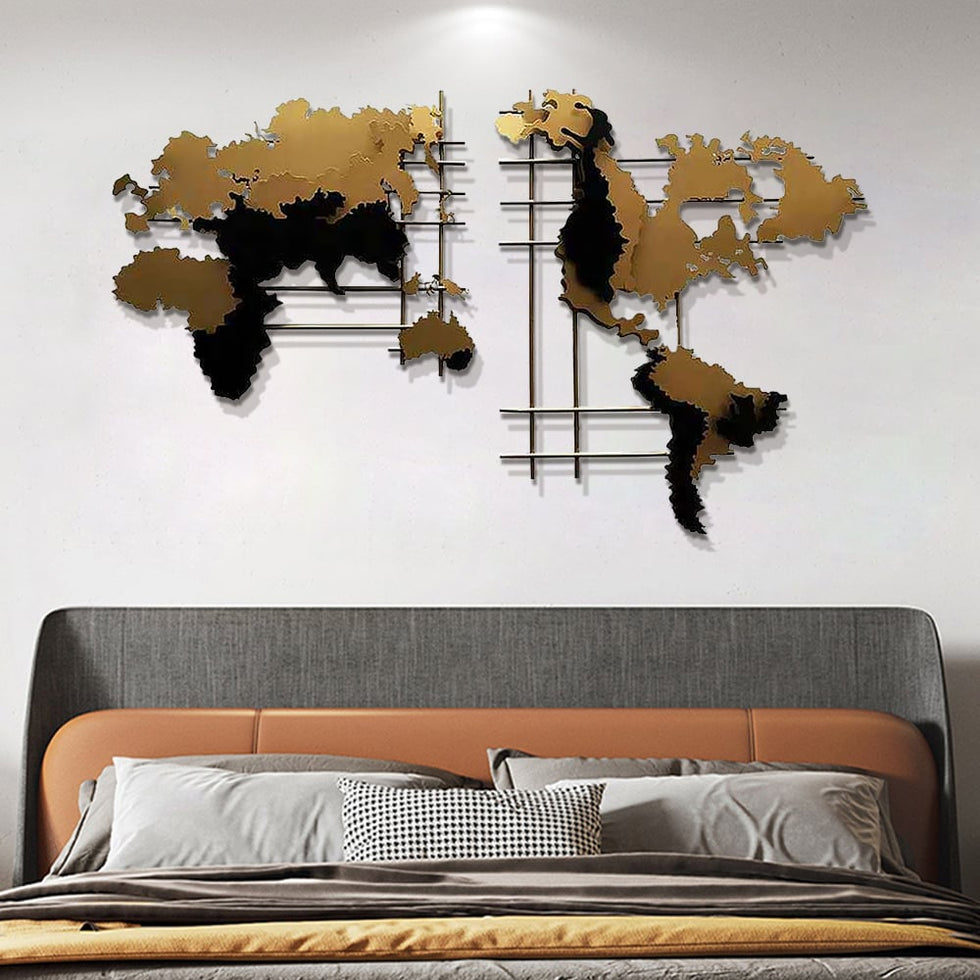 HMR - 3D Metal World Map Home Decor Art in Black and Yellow