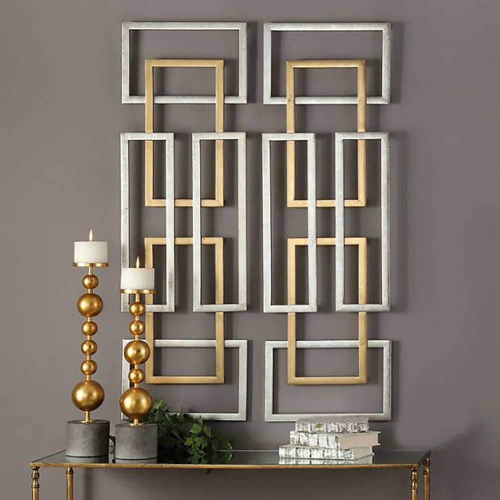 HMR - 2 Pieces Geometric Rectangle Metal Wall Decor in Gold and Silver