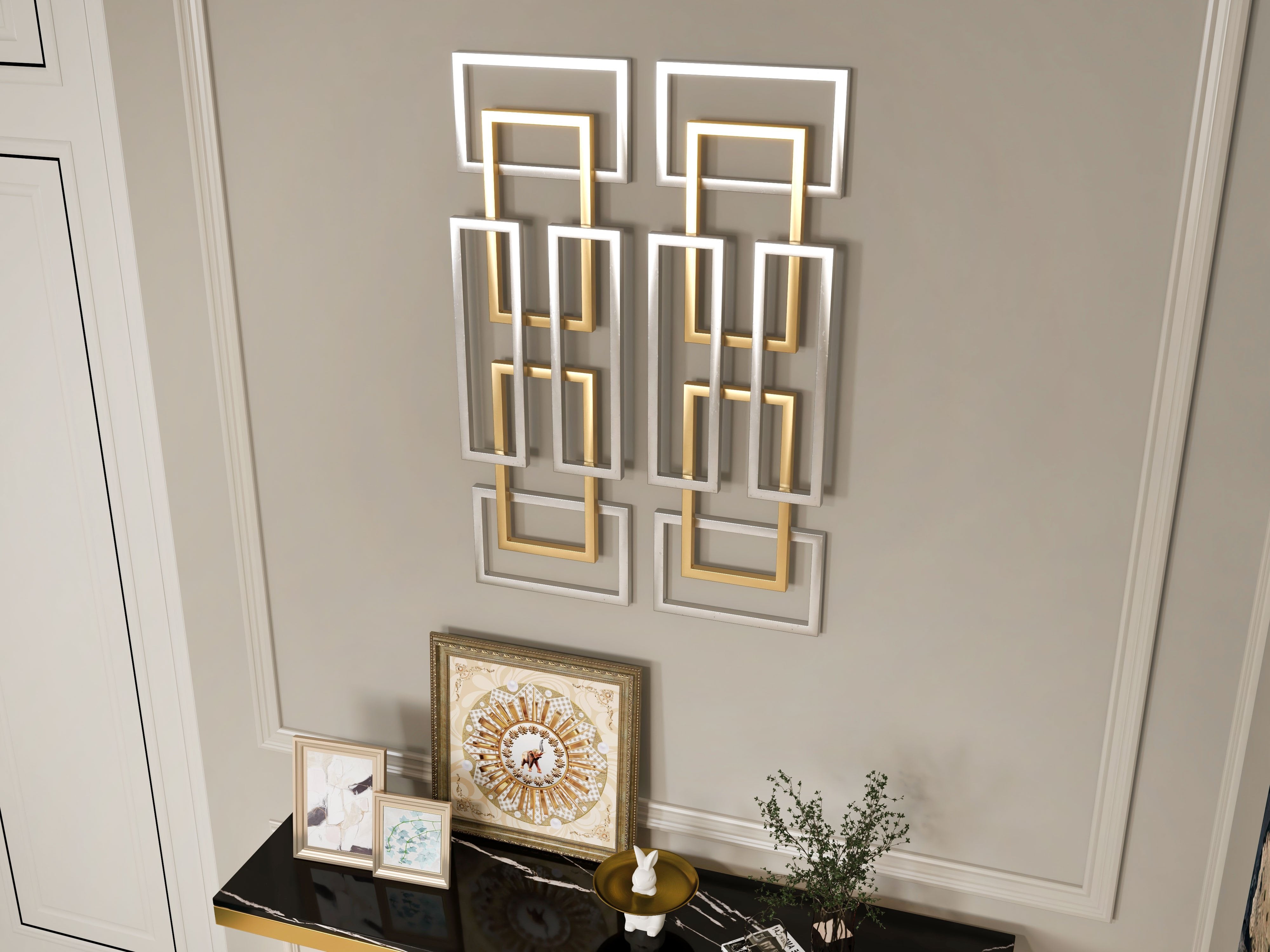 HMR - 2 Pieces Geometric Rectangle Metal Wall Decor in Gold and Silver