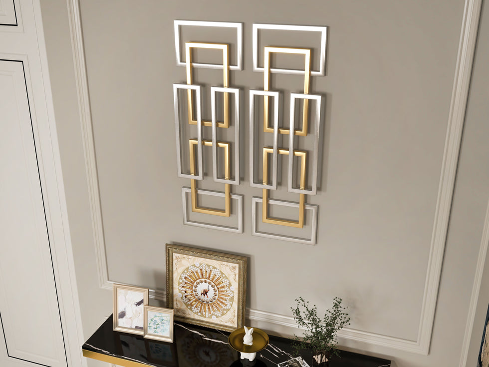 HMR - 2 Pieces Geometric Rectangle Metal Wall Decor in Gold and Silver