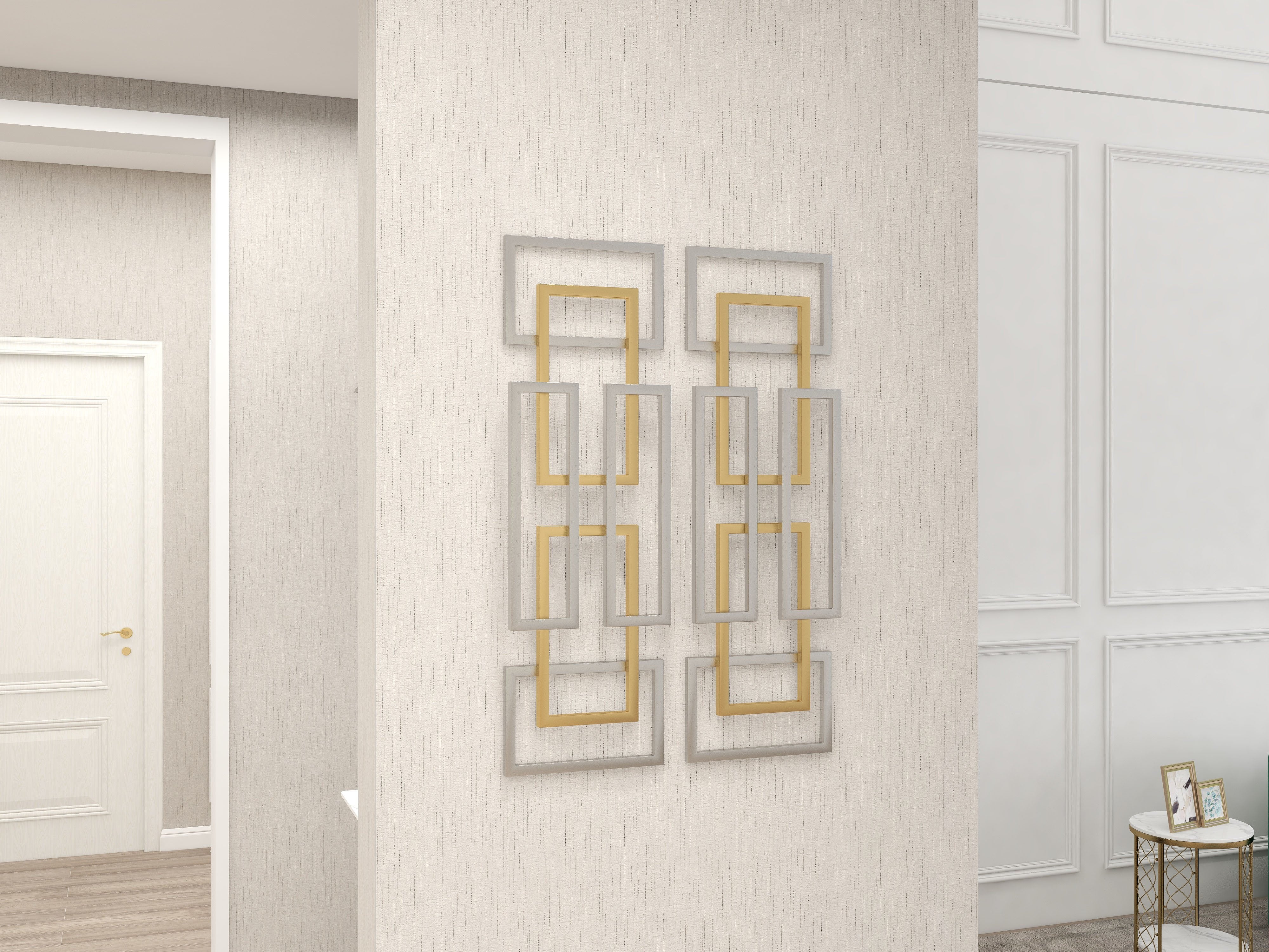 HMR - 2 Pieces Geometric Rectangle Metal Wall Decor in Gold and Silver