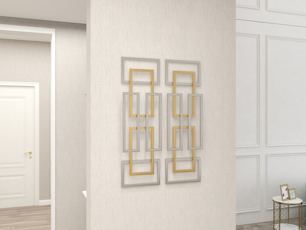 HMR - 2 Pieces Geometric Rectangle Metal Wall Decor in Gold and Silver