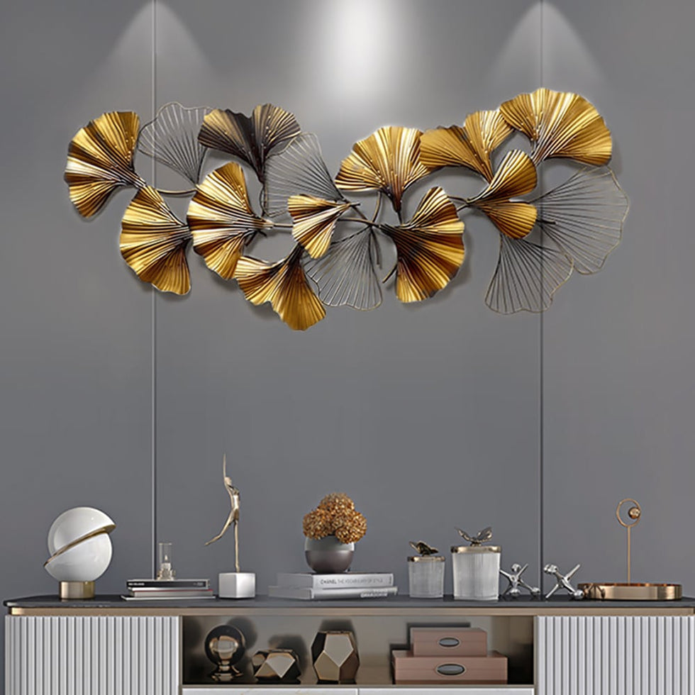 HMR - 3D Ginkgo Leaves Metal in 52"H x 23.6"W, Gold