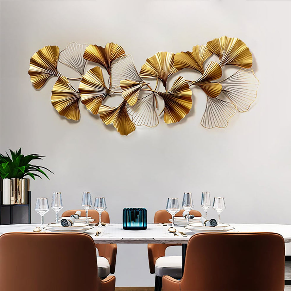 HMR - 3D Ginkgo Leaves Metal in 52"H x 23.6"W, Gold