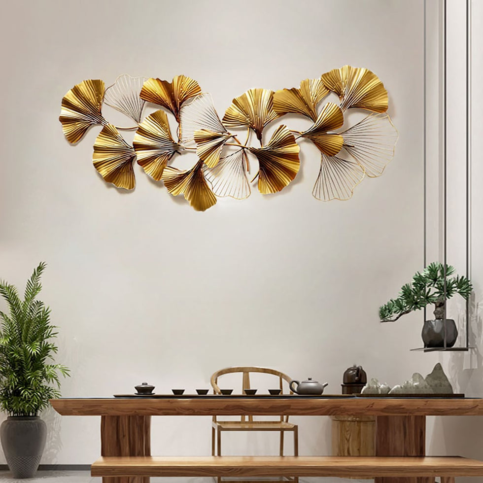 HMR - 3D Ginkgo Leaves Metal in 52"H x 23.6"W, Gold