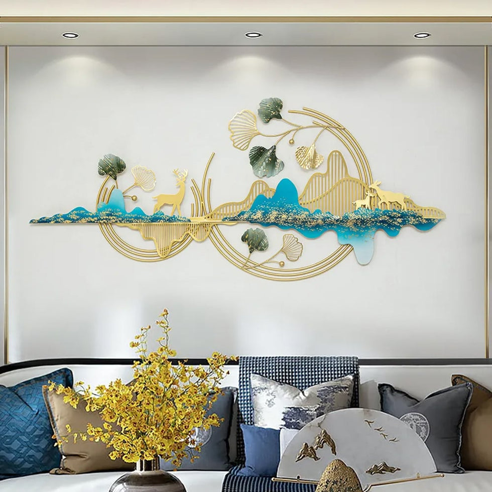 HMR - Metal Wall Decor with Deer and Mountain and Leaves in Gold and Blue and Green