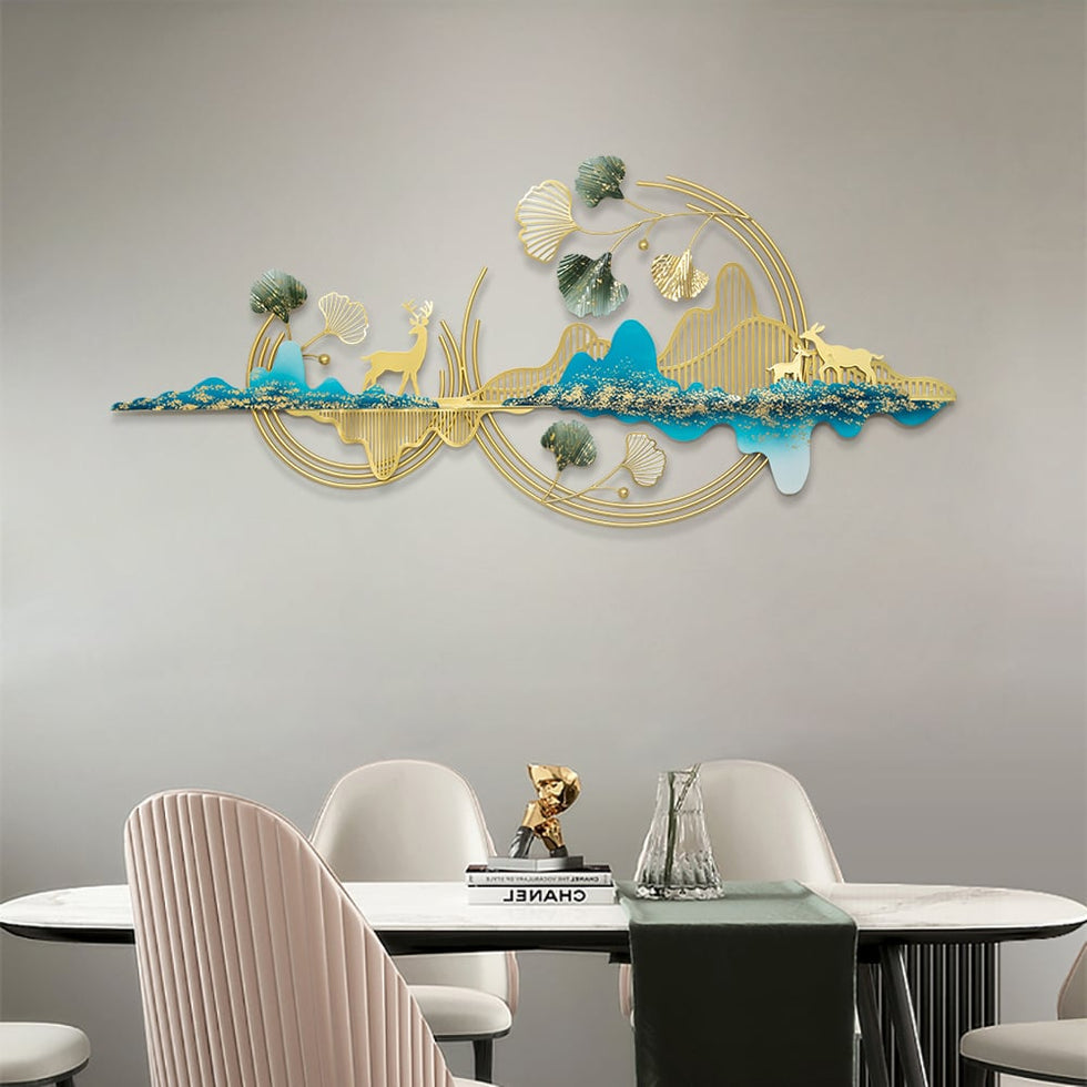 HMR - Metal Wall Decor with Deer and Mountain and Leaves in Gold and Blue and Green