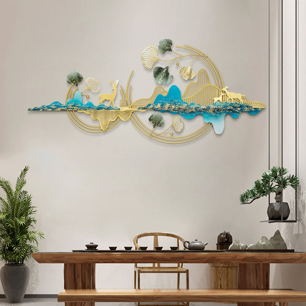 HMR - Metal Wall Decor with Deer and Mountain and Leaves in Gold and Blue and Green