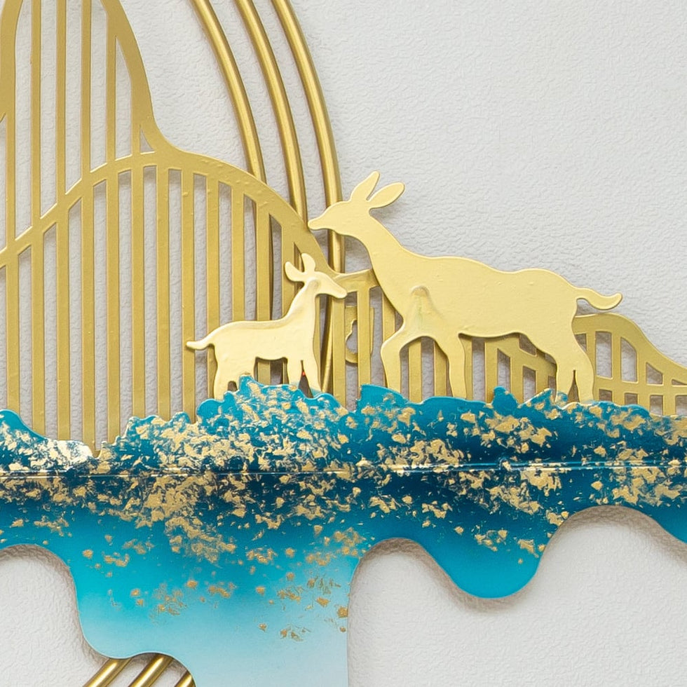 HMR - Metal Wall Decor with Deer and Mountain and Leaves in Gold and Blue and Green