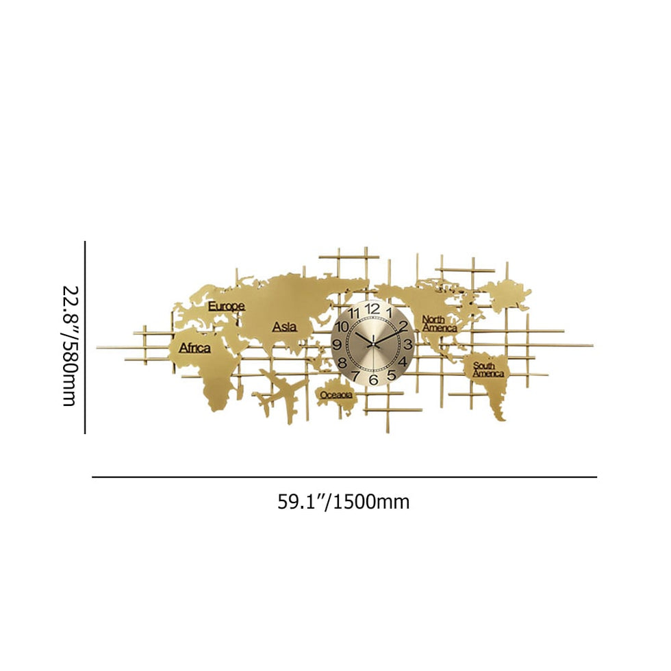 HMR - Oversized World Map Wall Clock Metal Home Decor in Gold