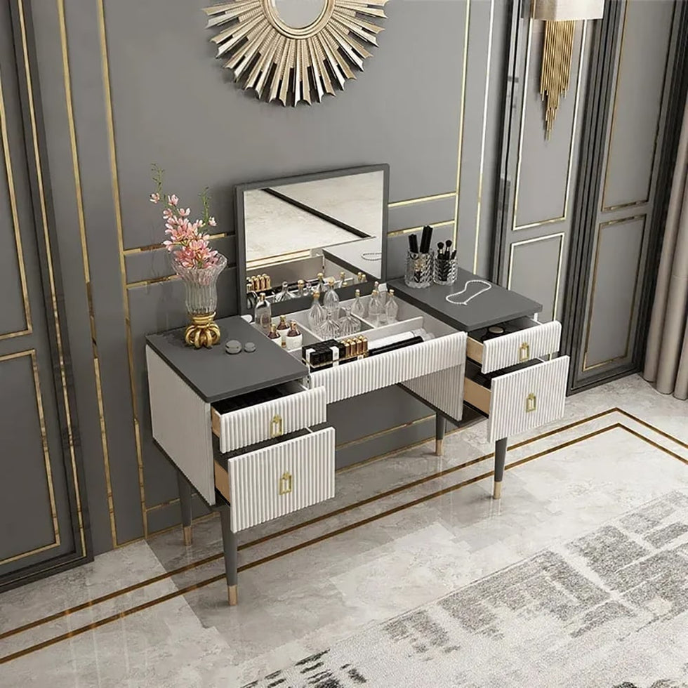 HMR - 4-Drawer Vanity Table with Flip Top Mirror in Table Only