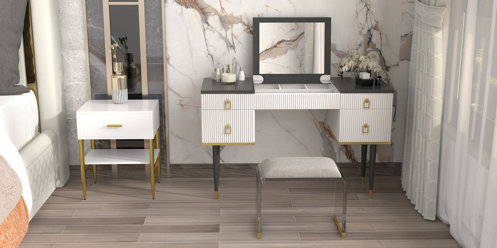 HMR - 4-Drawer Vanity Table with Flip Top Mirror in Table Only