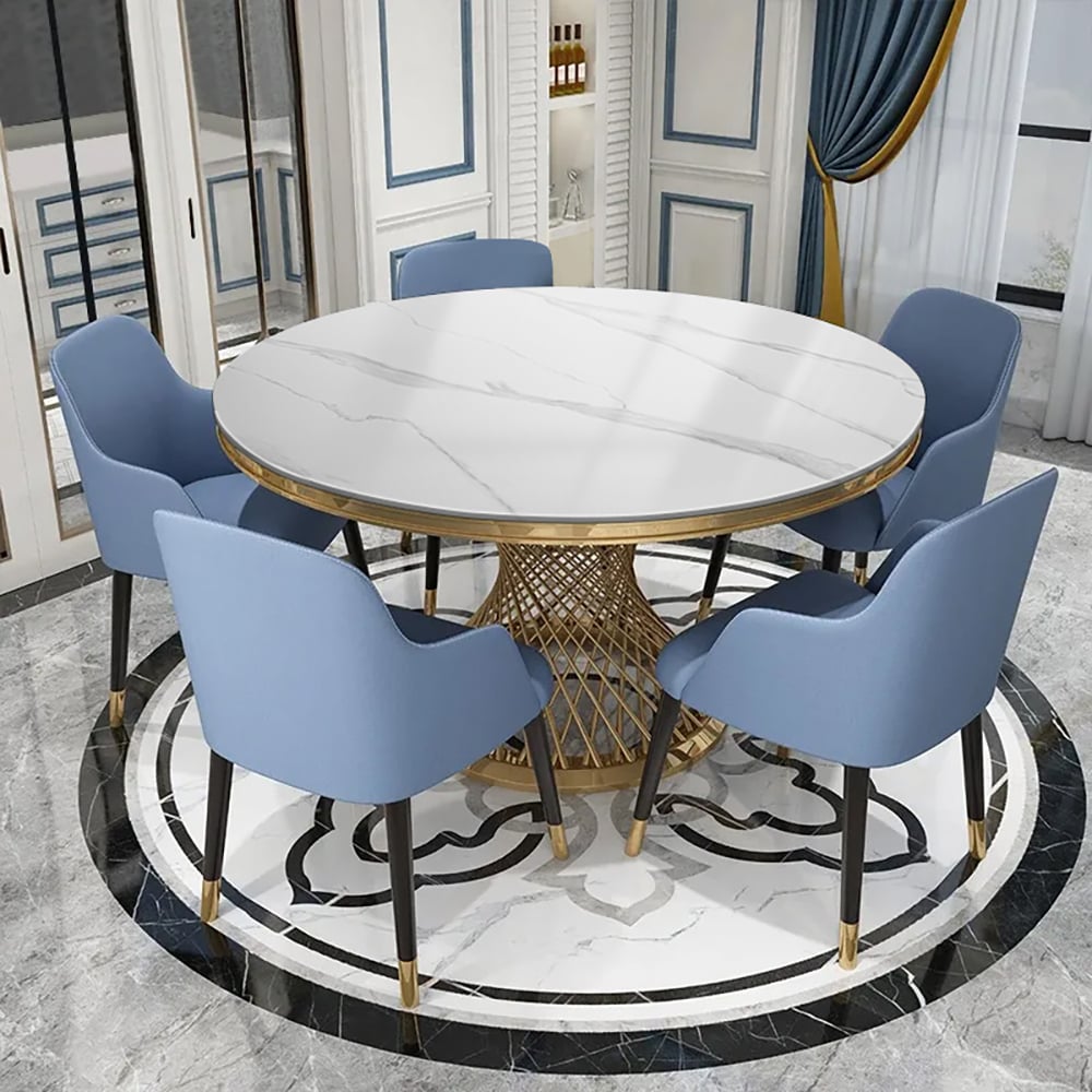 HMR - Round Dining Table with Stainless Steel Pedestal in 51"Dia, Marble, Gold