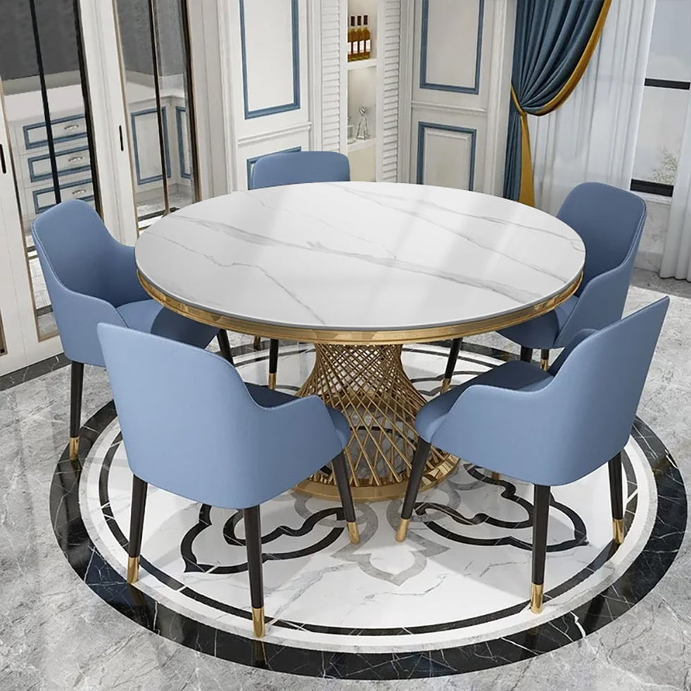 HMR - Round Dining Table with Stainless Steel Pedestal in 51"Dia, Marble, Gold