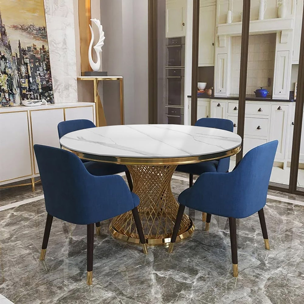 HMR - Round Dining Table with Stainless Steel Pedestal in 51"Dia, Marble, Gold