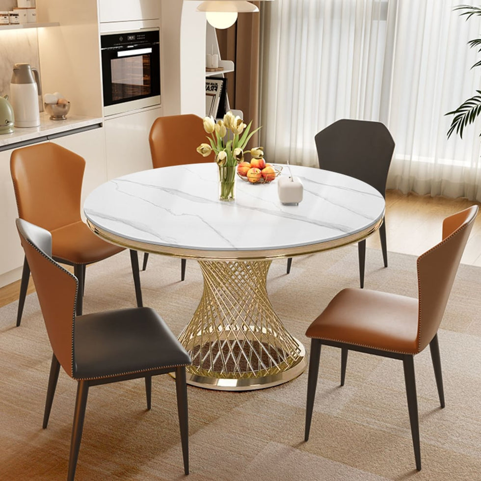 HMR - Round Dining Table with Stainless Steel Pedestal in 51"Dia, Marble, Gold