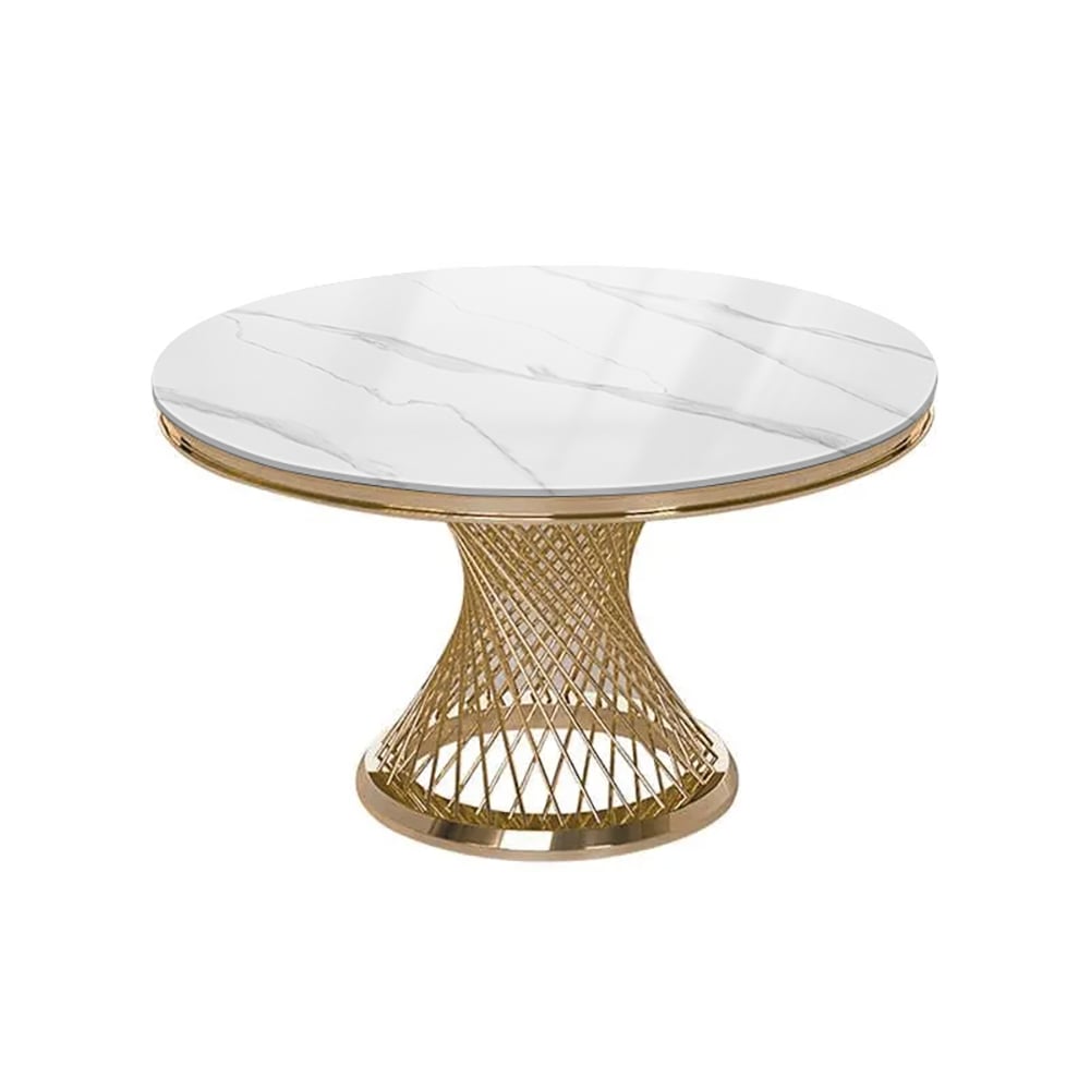 HMR - Round Dining Table with Stainless Steel Pedestal in 51"Dia, Marble, Gold