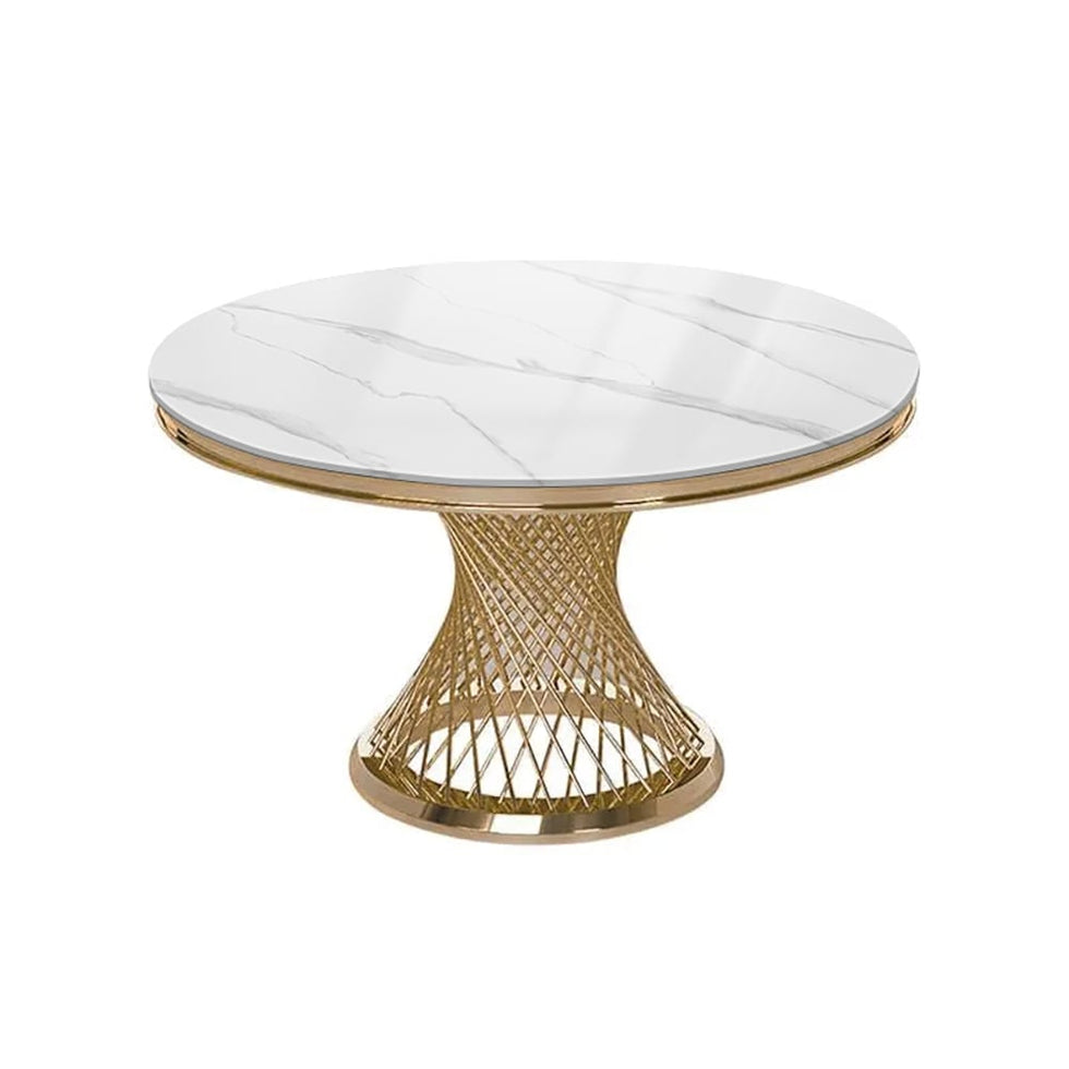 HMR - Round Dining Table with Stainless Steel Pedestal in 51"Dia, Marble, Gold