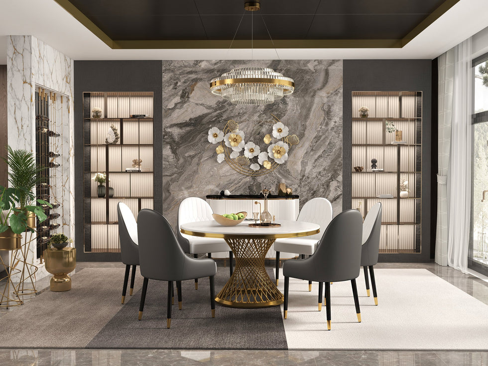 HMR - Round Dining Table with Stainless Steel Pedestal in 51"Dia, Marble, Gold