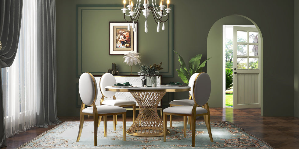 HMR - Round Dining Table with Stainless Steel Pedestal in 51"Dia, Marble, Gold