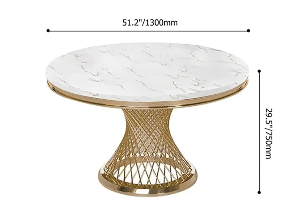 HMR - Round Dining Table with Stainless Steel Pedestal in 51"Dia, Marble, Gold
