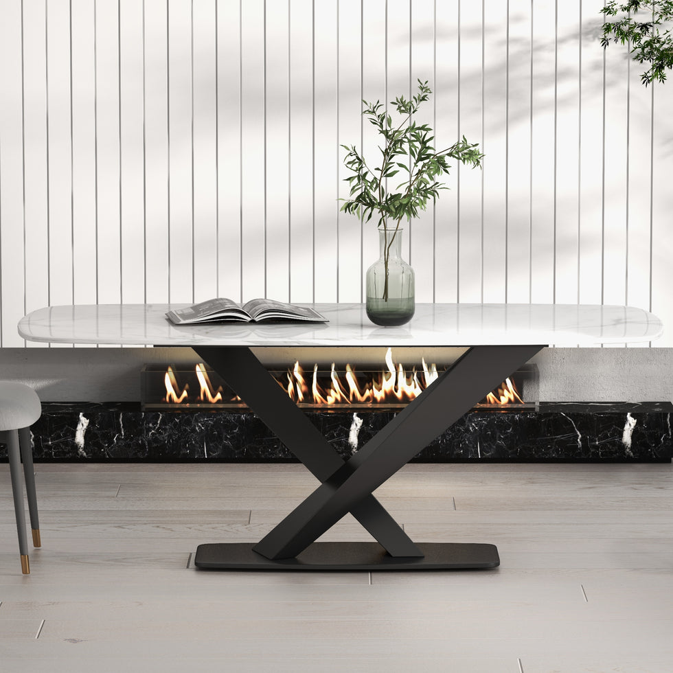 HMR - Modern 78.7" Rectangle Dining Table for 6-8 People in Black, Sintered Stone